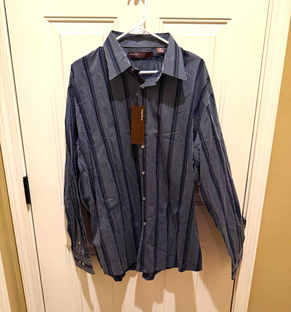 Perry Ellis Hollywood Hill Men’s Black Striped Cotton Shirt 15.5 34/35